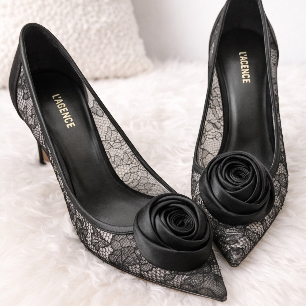 L'AGENCE Black Floral Lace Heels